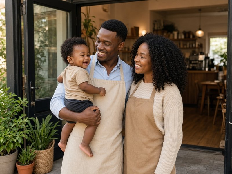 A young couple in aprons at the front door of their coffee shop, the father holding their laughing toddler