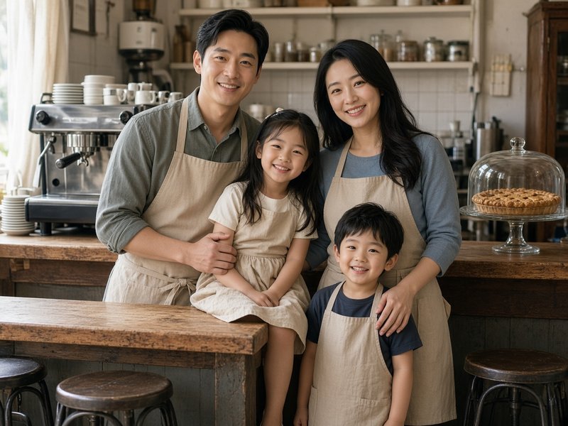 A young couple in aprons behind the counter of their small diner with their two children
