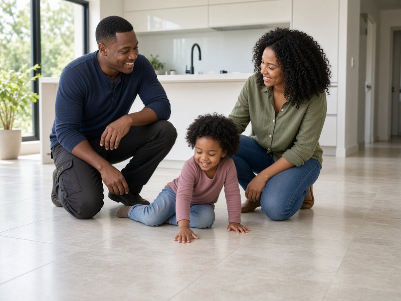 A young couple kneeling with their small daughter on a newly tiled kitchen floor